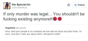 A male user wishing death on another outspoken, targeted feminist @sugabelly